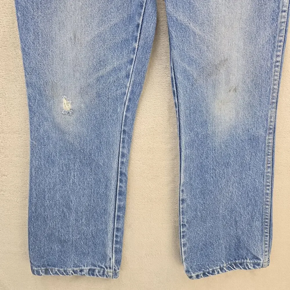 Vintage Rustler Jeans Mens Fits 32x26 Blue Faded Whiskers Denim Straight Leg USA